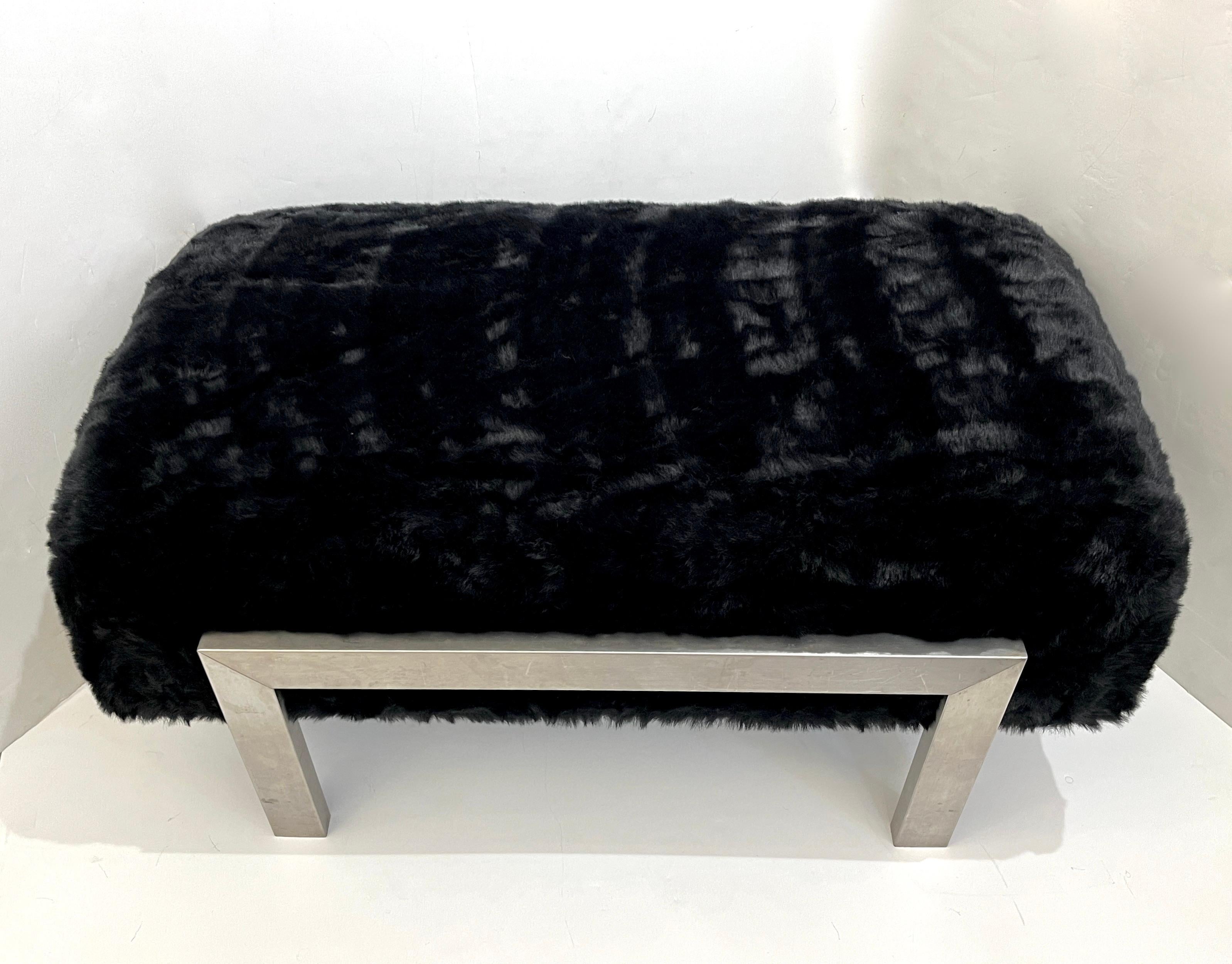 1970s Italian Vintage Black Faux Fur Steel Bed Stool Bench - 1 Pair available For Sale 4