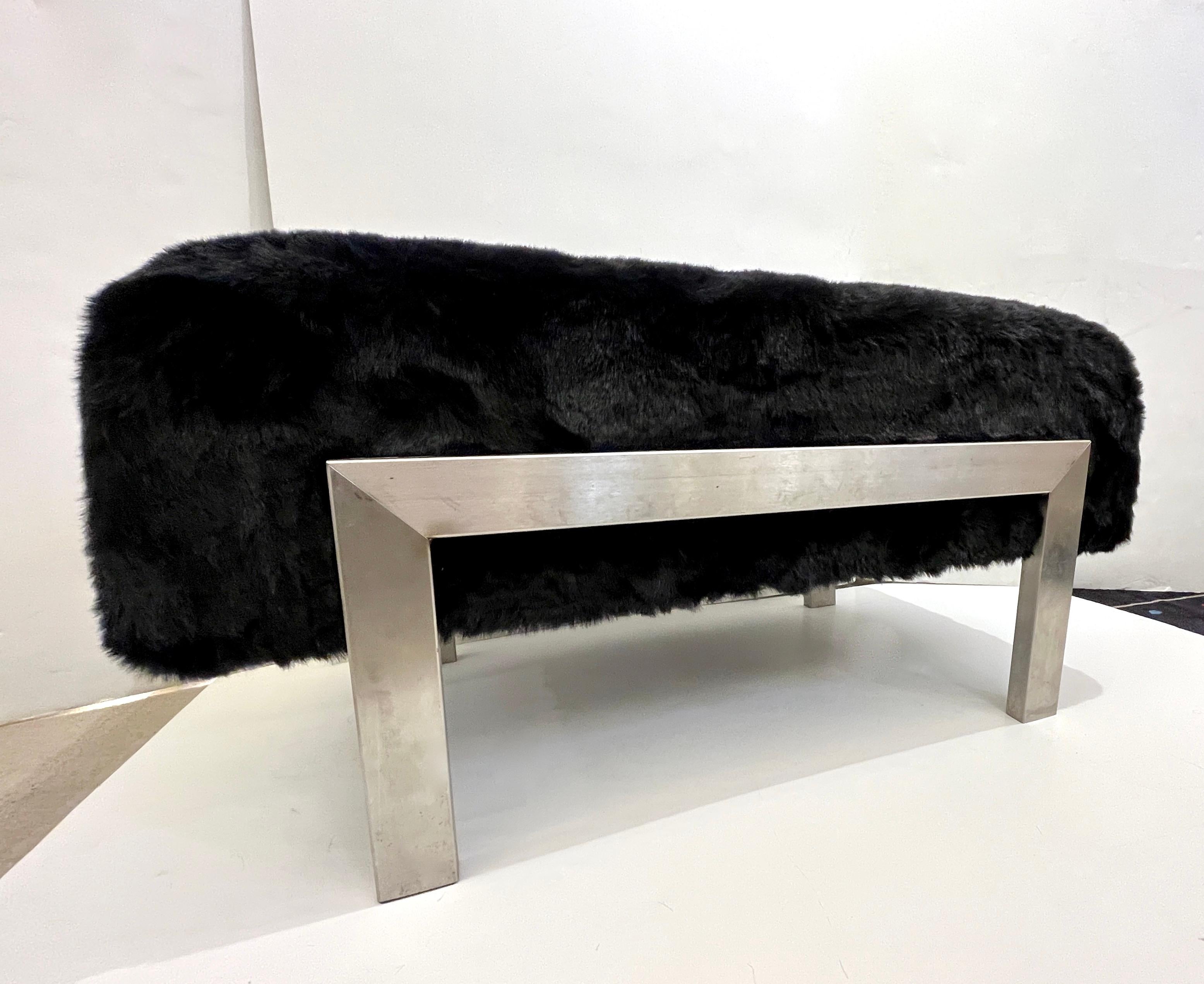 1970s Italian Vintage Black Faux Fur Steel Bed Stool Bench - 1 Pair available For Sale 5