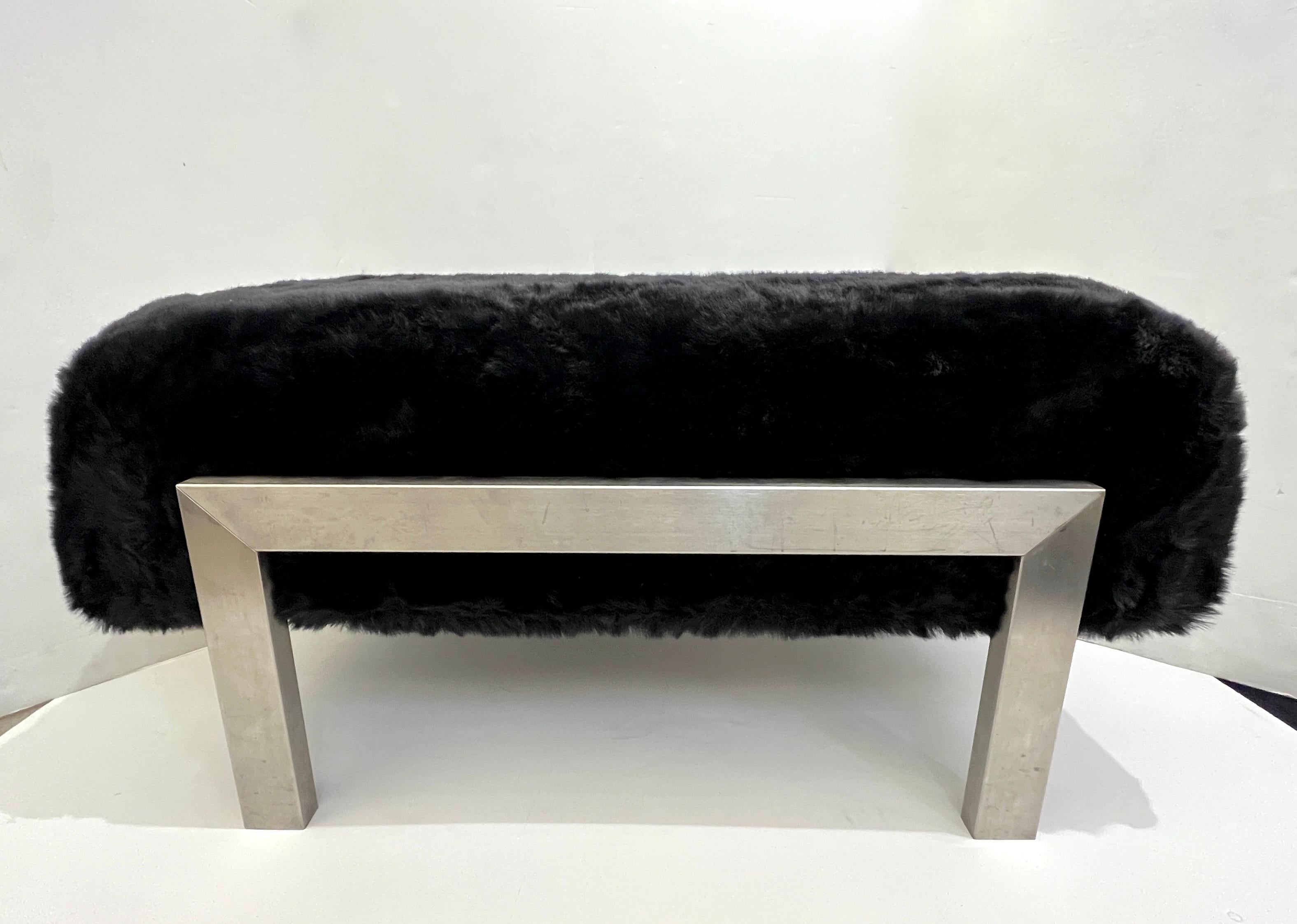 1970s Italian Vintage Black Faux Fur Steel Bed Stool Bench - 1 Pair available For Sale 6