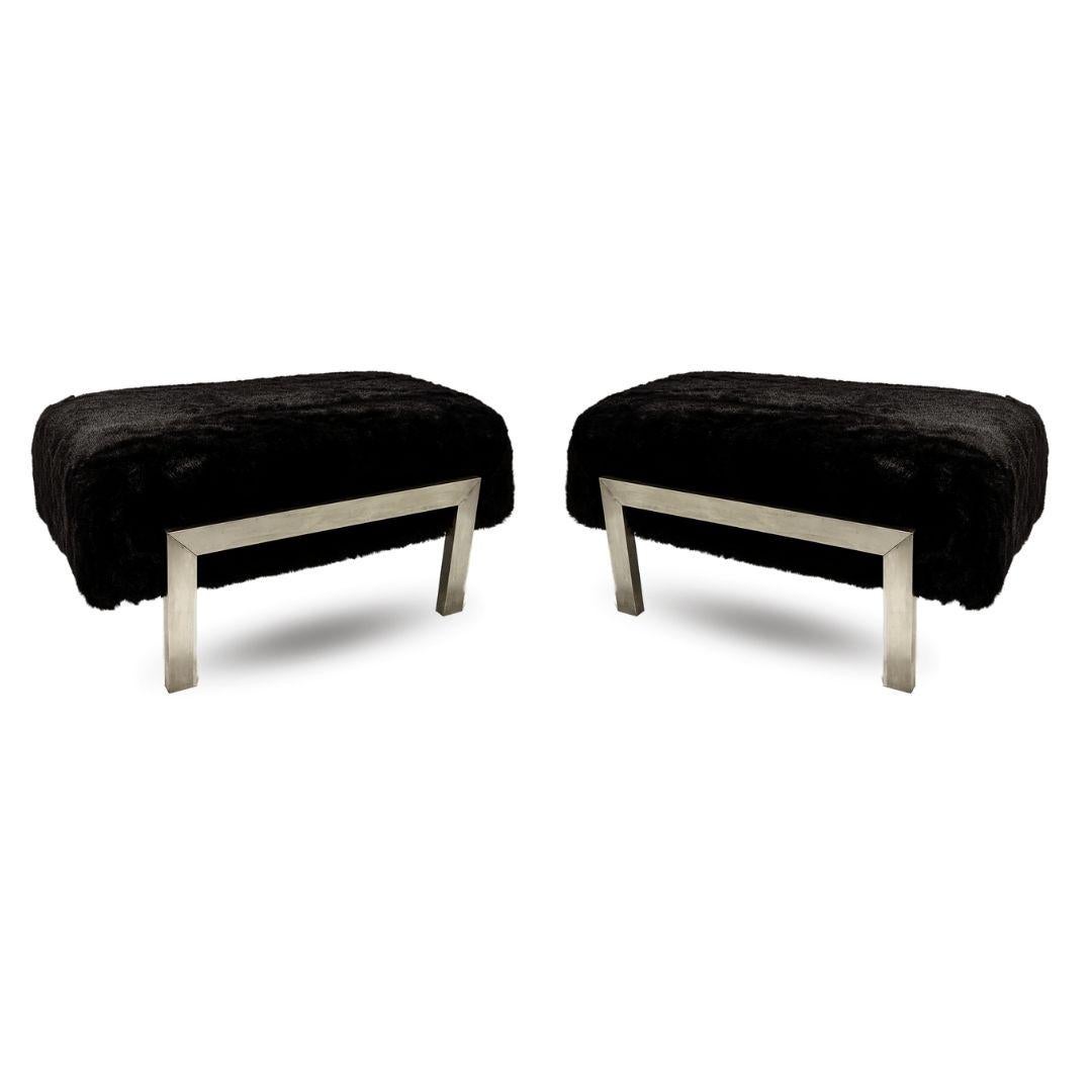 20th Century 1970s Italian Vintage Black Faux Fur Steel Bed Stool Bench - 1 Pair available For Sale