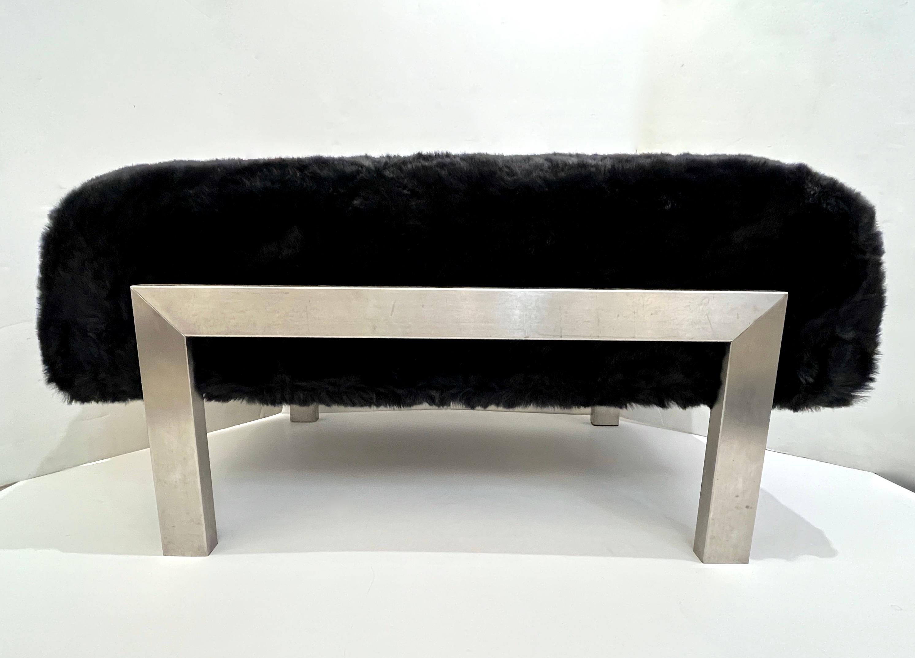 Brushed 1970s Italian Vintage Black Faux Fur Steel Bed Stool Bench - 1 Pair available For Sale