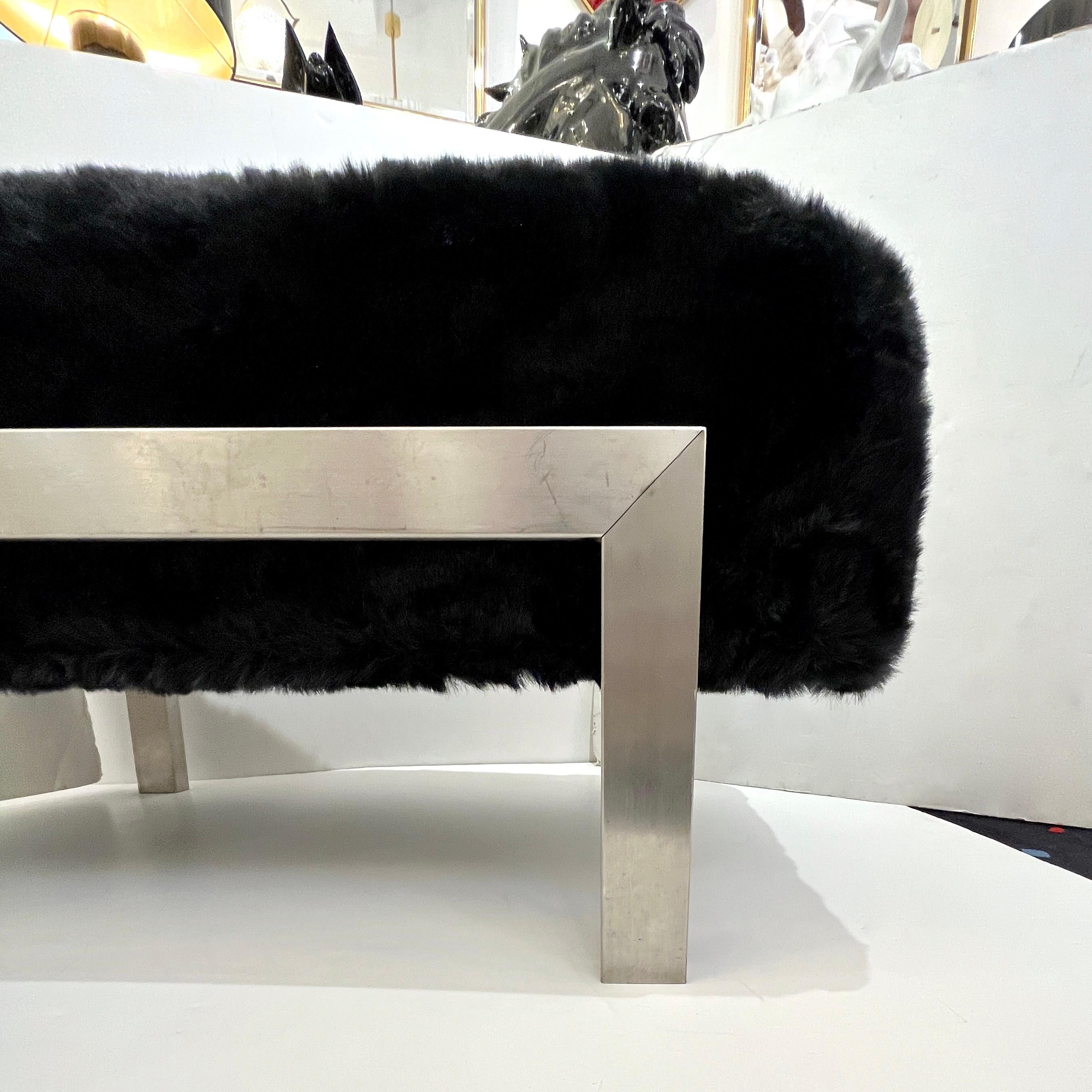 1970s Italian Vintage Black Faux Fur Steel Bed Stool Bench - 1 Pair available For Sale 7