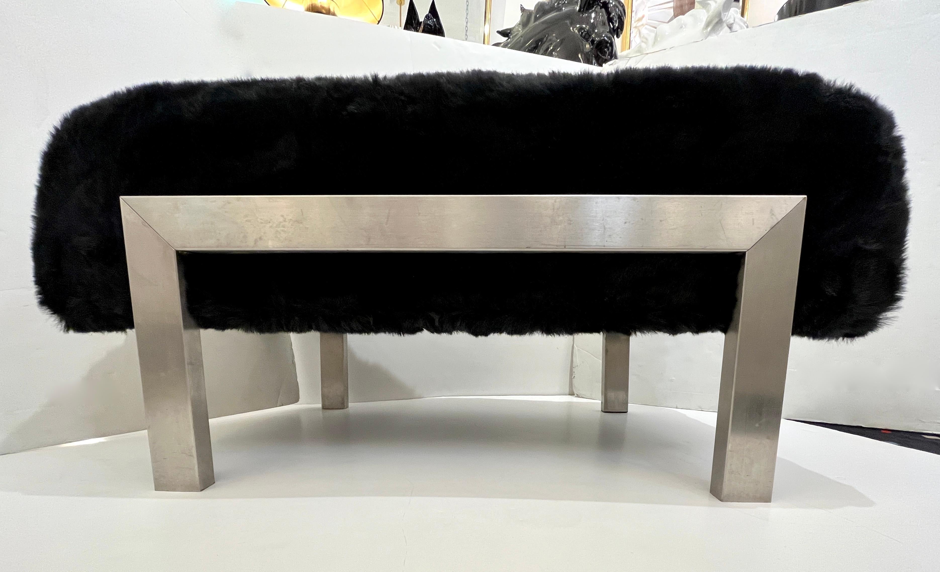 1970s Italian Vintage Black Faux Fur Steel Bed Stool Bench - 1 Pair available For Sale 1