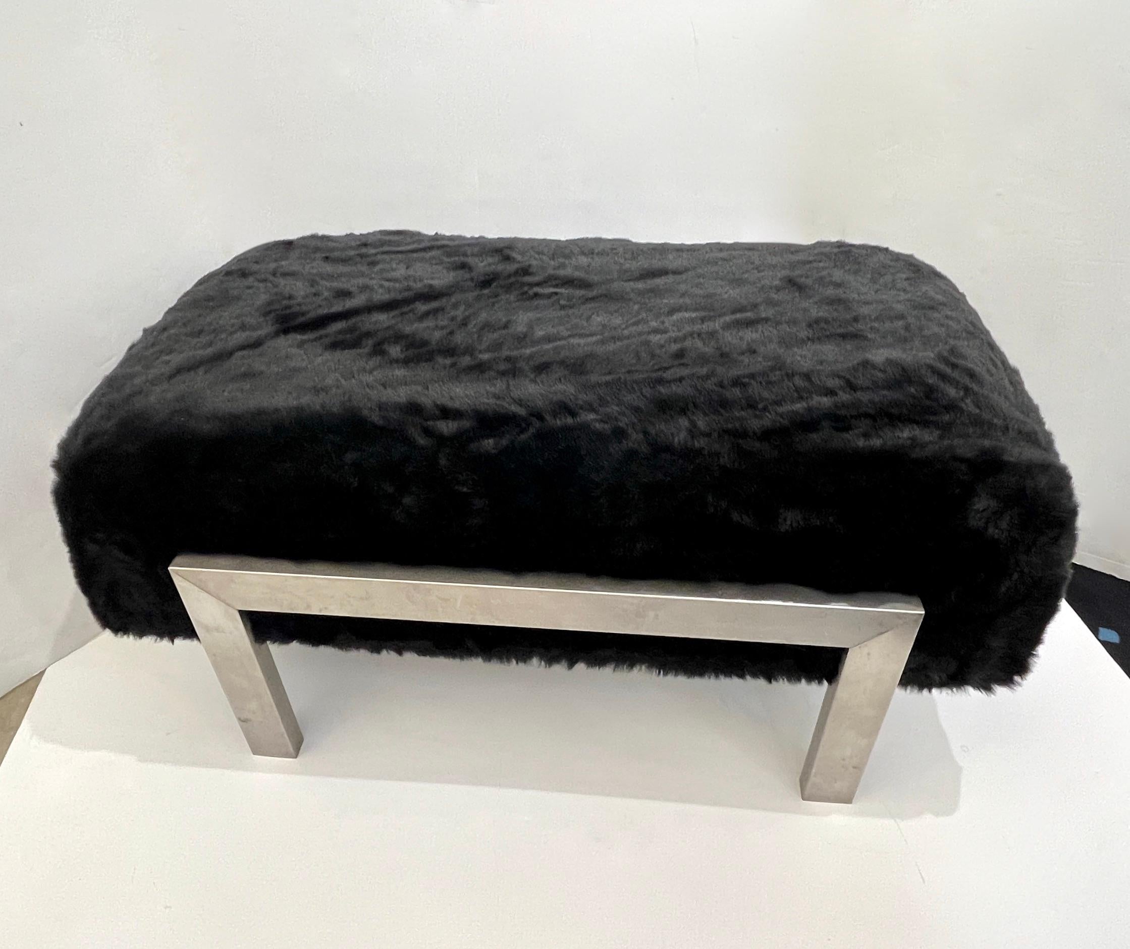 1970s Italian Vintage Black Faux Fur Steel Bed Stool Bench - 1 Pair available For Sale 3