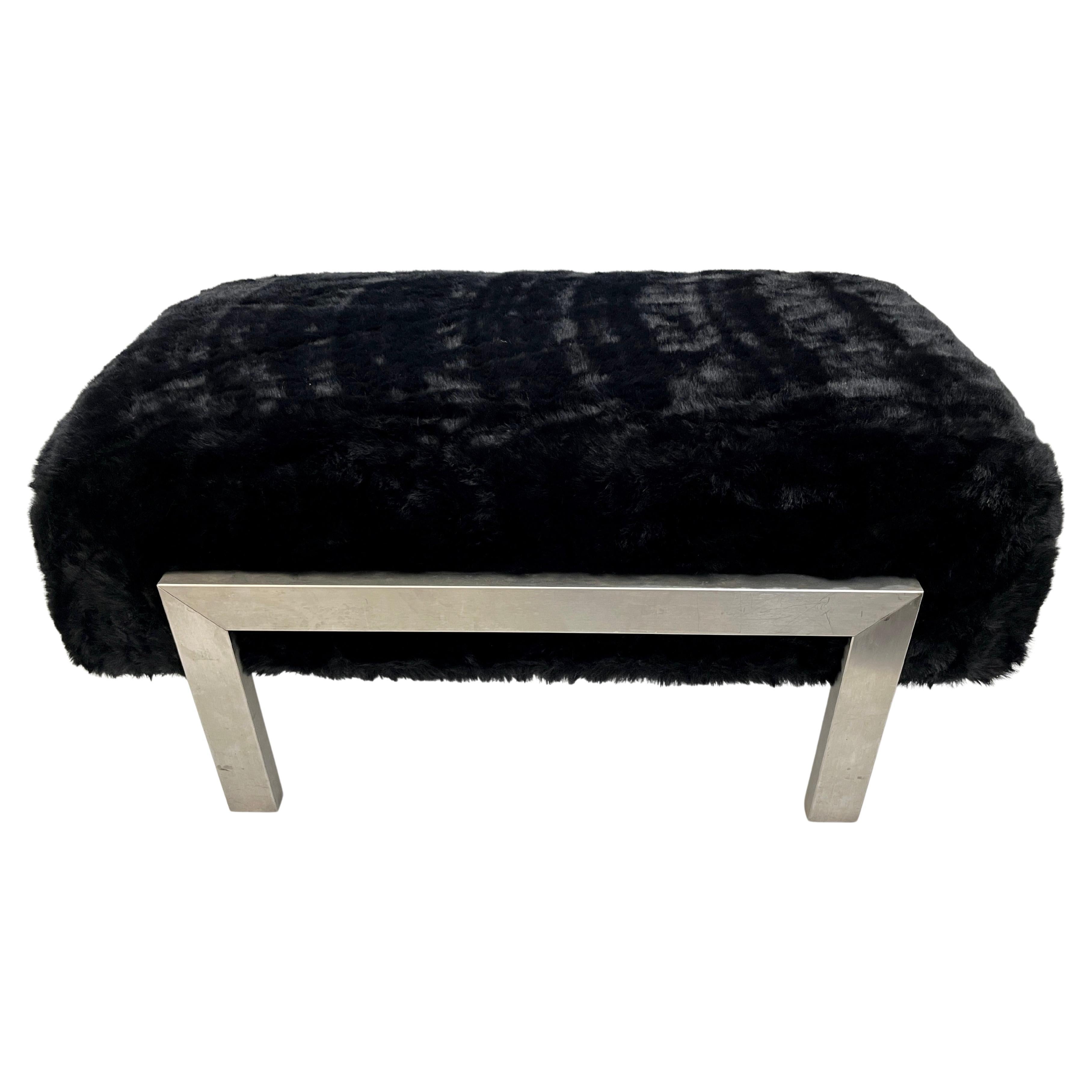 1970s Italian Vintage Black Faux Fur Steel Bed Stool Bench - 1 Pair available For Sale