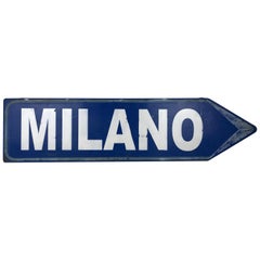 1970s Italian Vintage Blue and White Enameled Metal Road Sign "Milano"