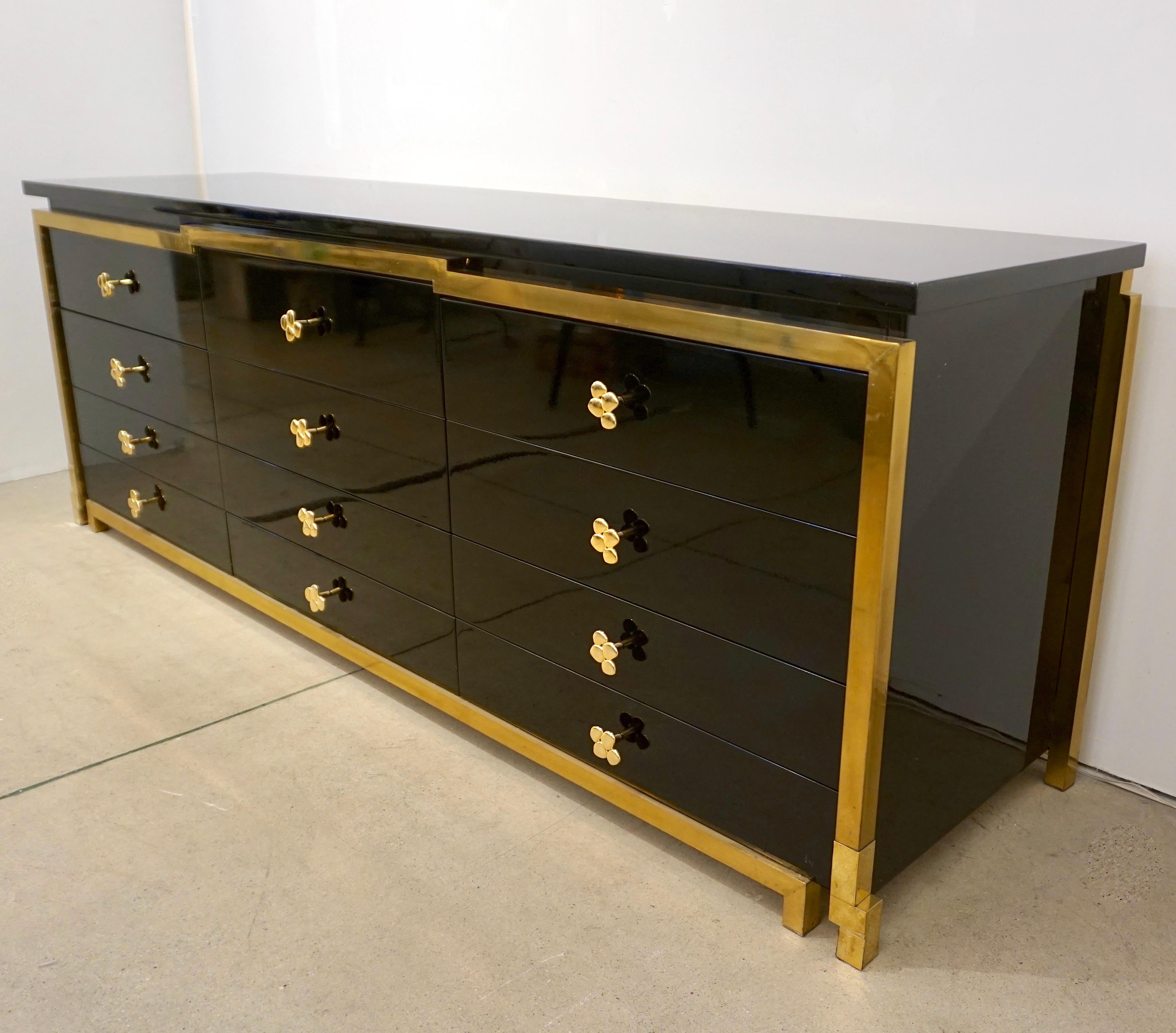 Hand-Crafted 1970s Italian Vintage Studio A Brass & Black Lacquer 12-Drawer Dresser/Sideboard