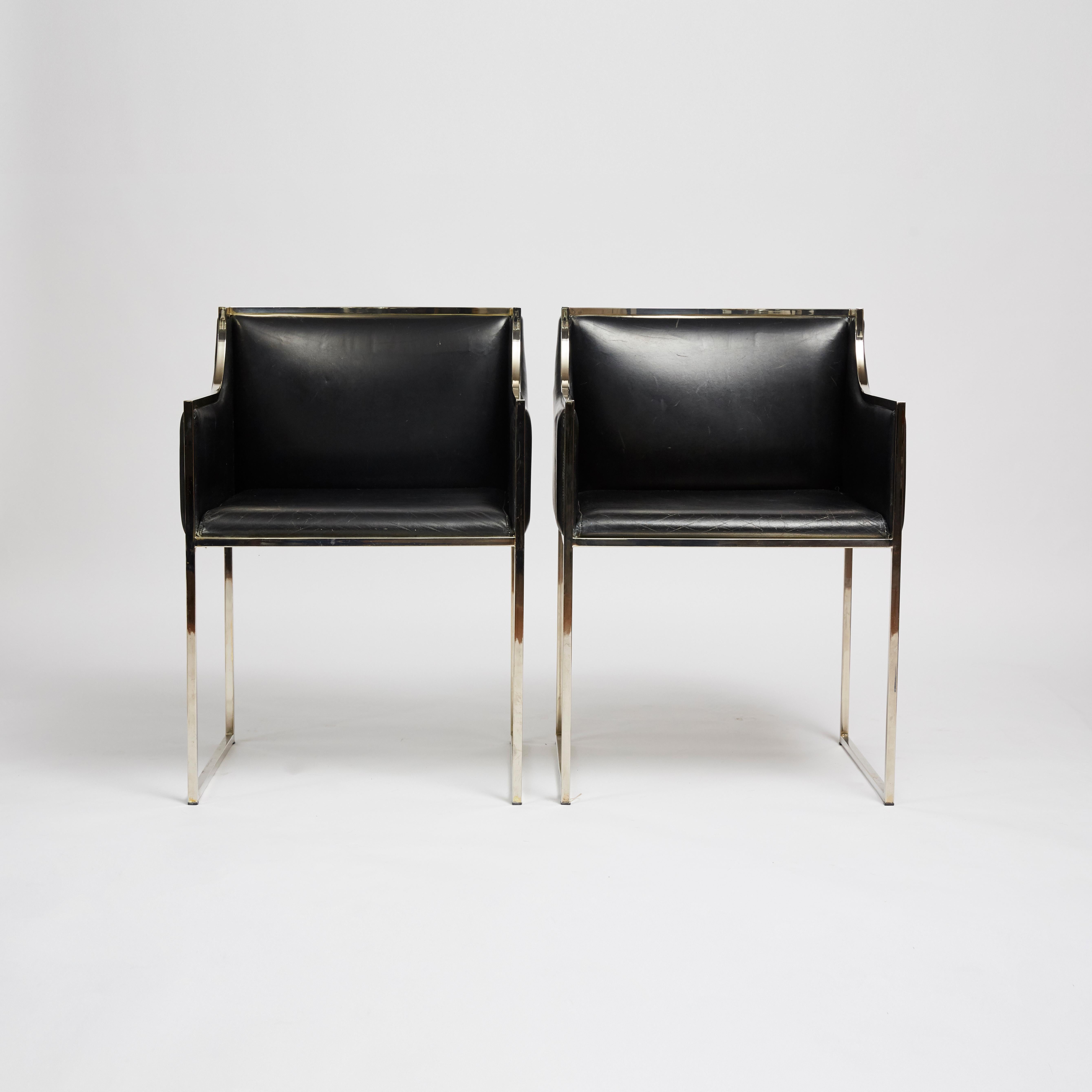 Mid-Century Modern Pair of 1970s Italian Vintage Chairs in Original Black Leather with Chrome Frame For Sale