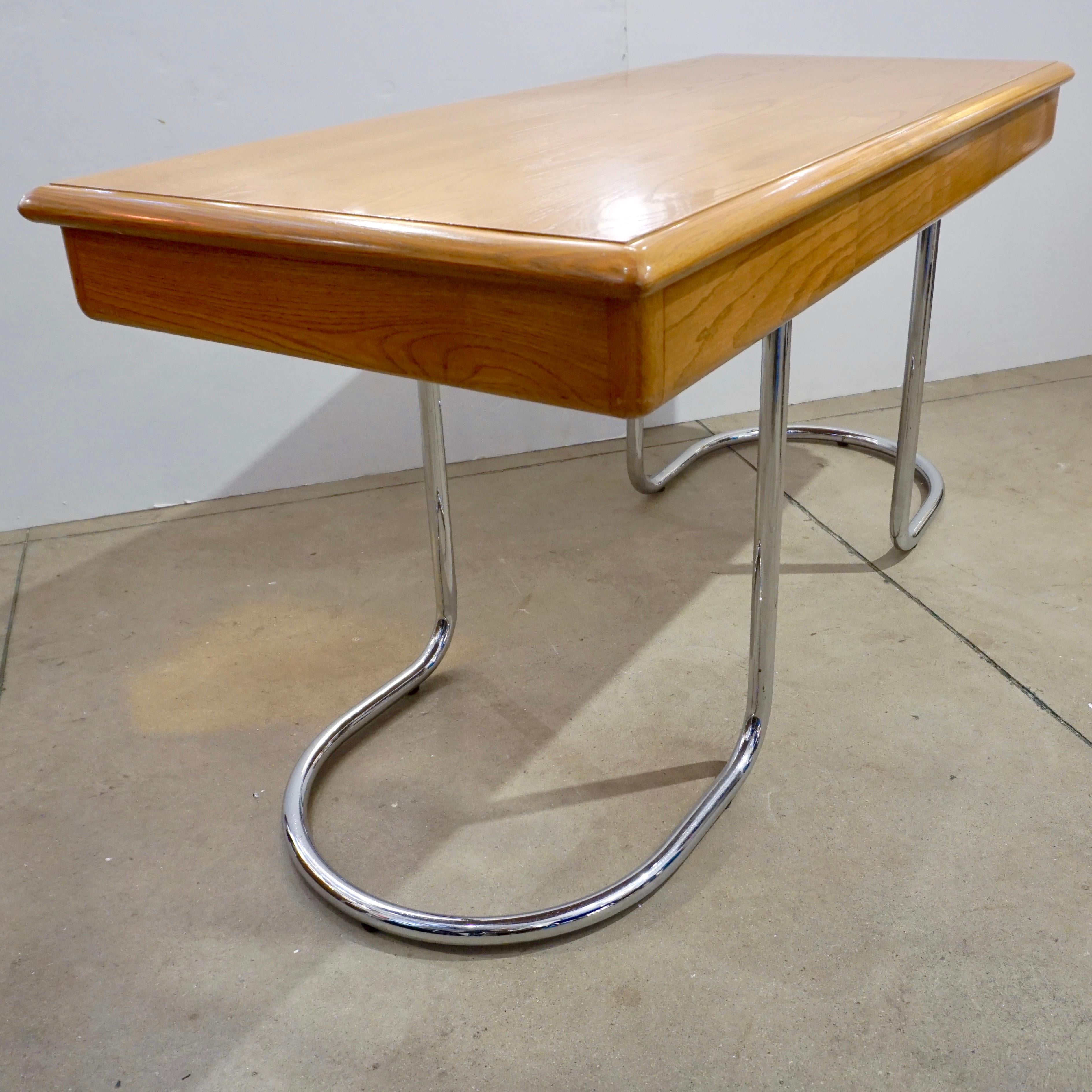 1970s Italian Vintage Curved Nickel Legs 3-Drawer Ash Tree Center Desk/Console For Sale 3