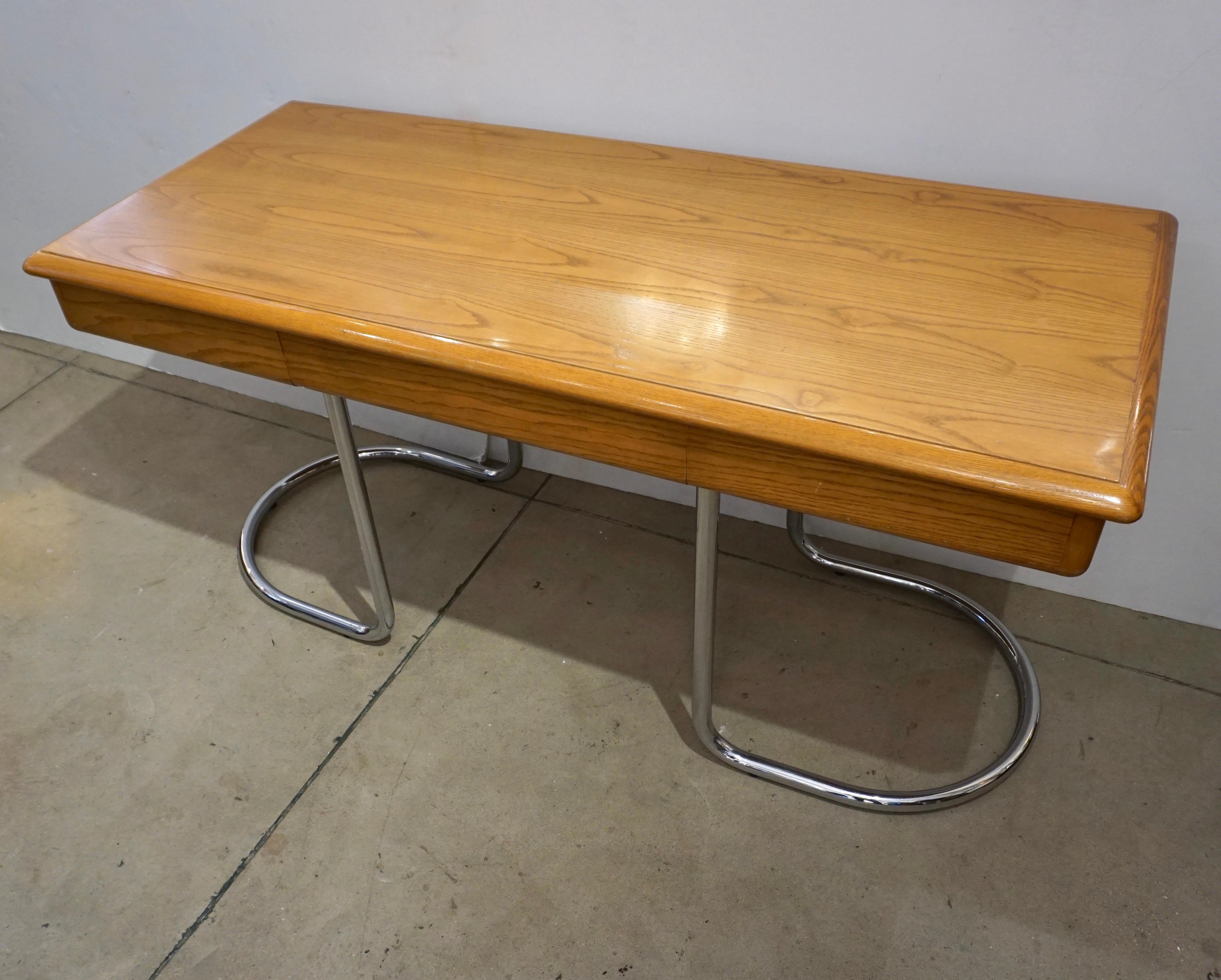 Mid-Century Modern 1970s Italian Vintage Curved Nickel Legs 3-Drawer Ash Tree Center Desk/Console For Sale