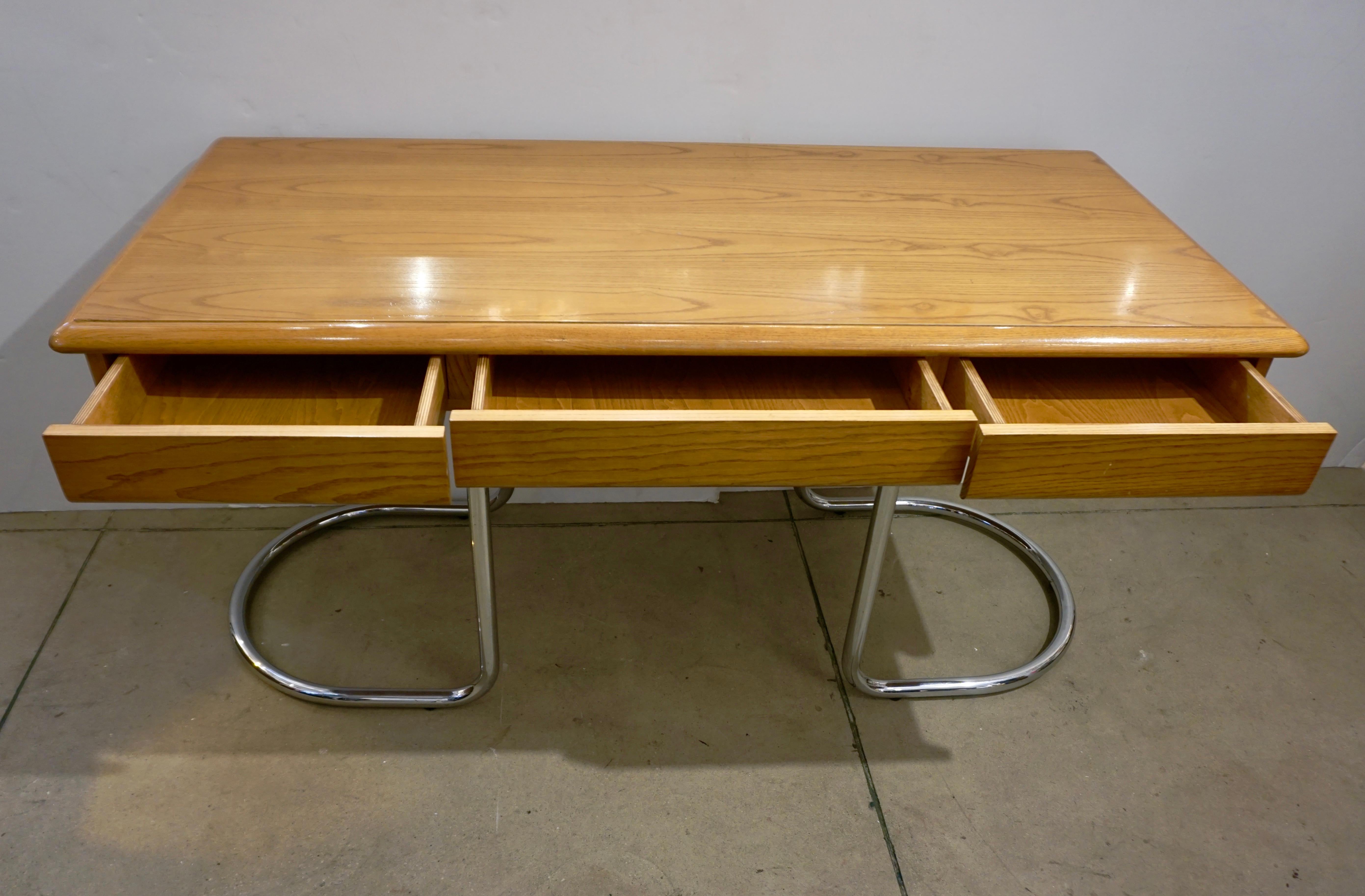 Hand-Crafted 1970s Italian Vintage Curved Nickel Legs 3-Drawer Ash Tree Center Desk/Console For Sale
