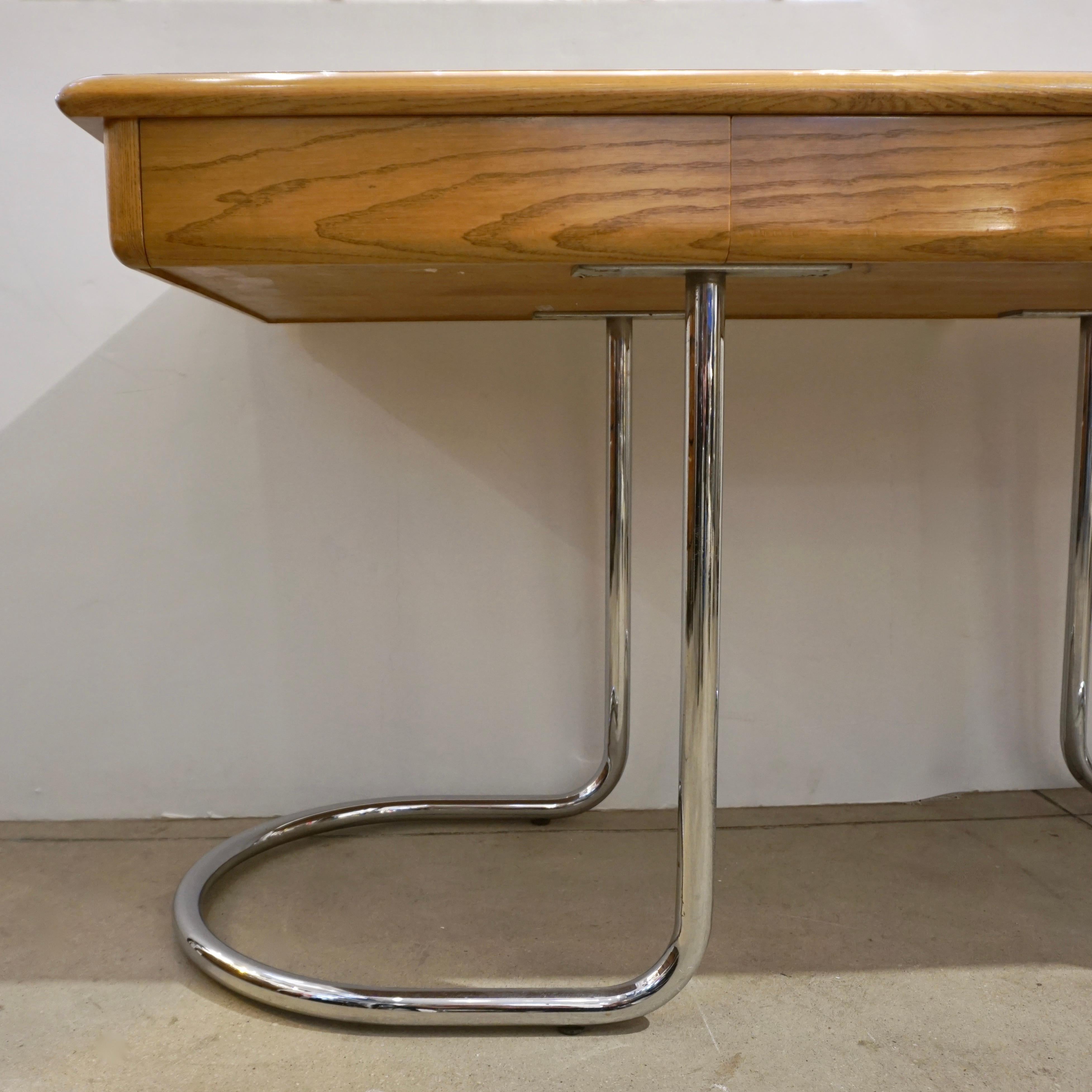 Ferro 1970s Italian Vintage Curved Nickel Legs 3-Drawer Ash Tree Center Desk/Console in vendita