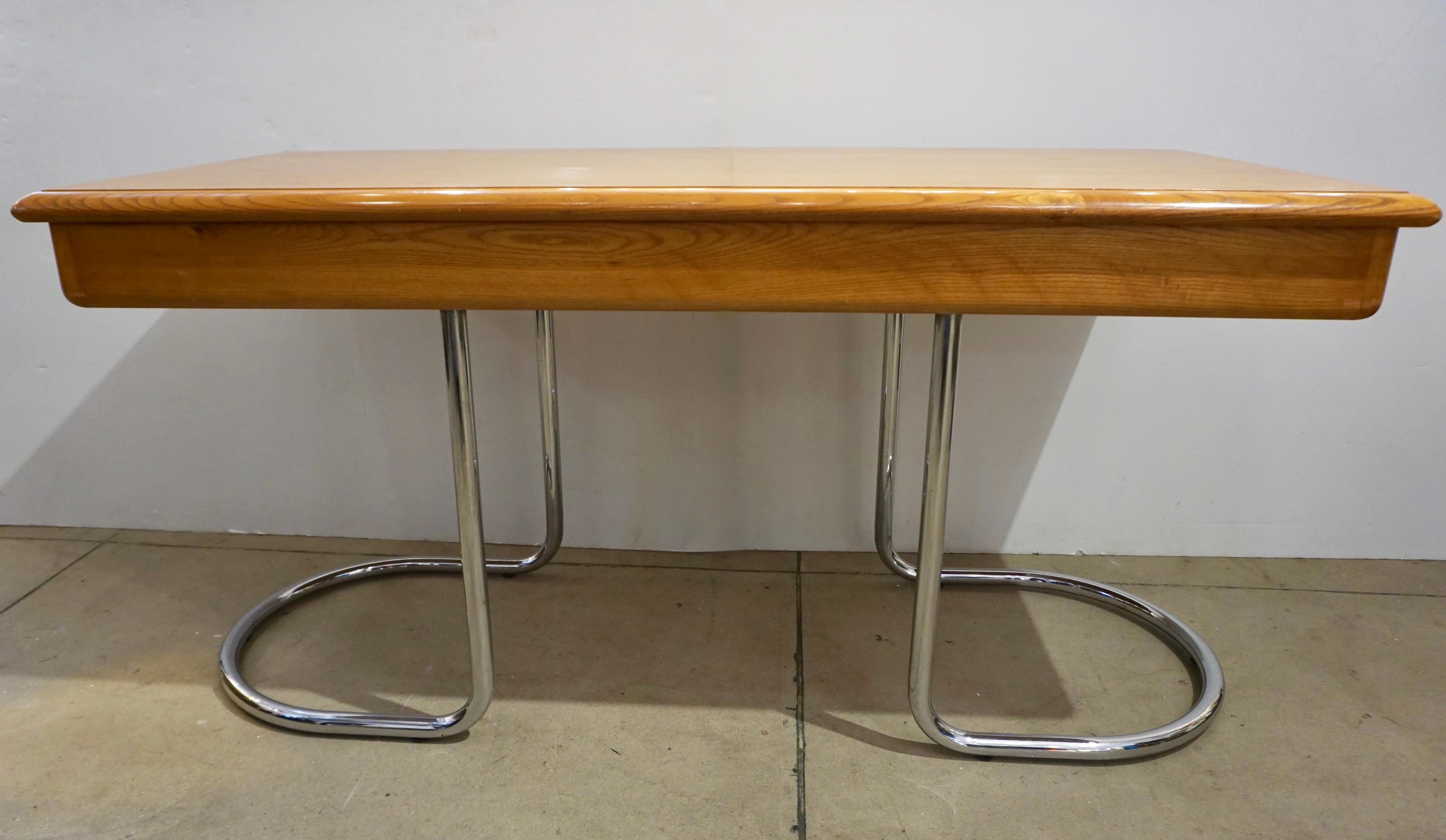Iron 1970s Italian Vintage Curved Nickel Legs 3-Drawer Ash Tree Center Desk/Console For Sale