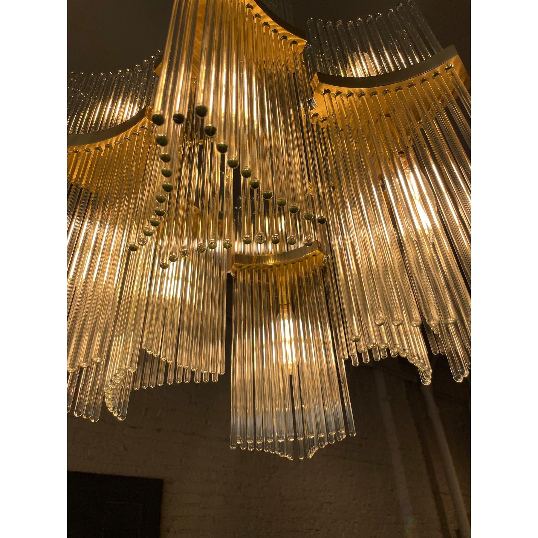 1970s Italian Vintage Gaetano Sciolari Glass Rod and Brass Chandelier For Sale 5