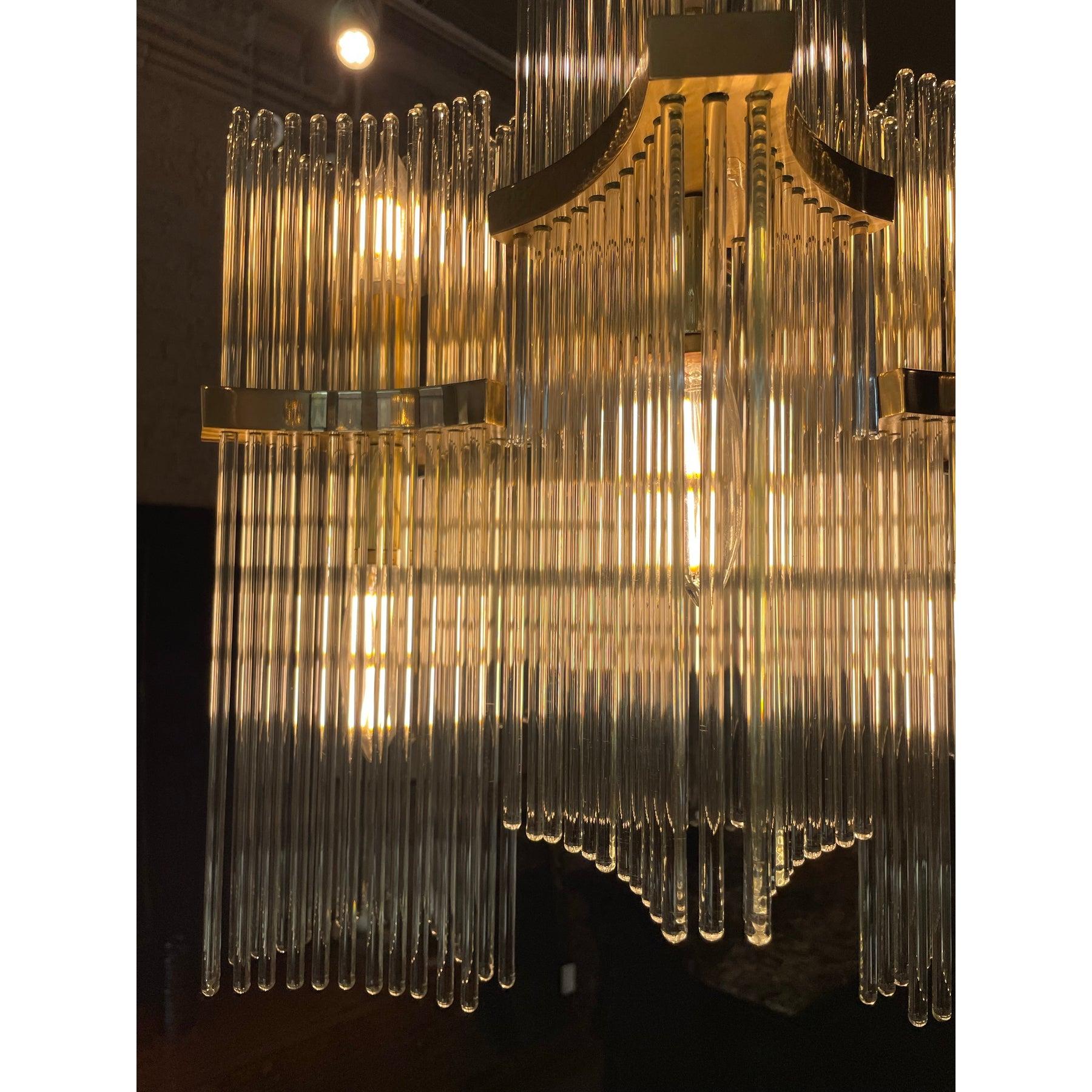 Art Deco 1970s Italian Vintage Gaetano Sciolari Glass Rod and Brass Chandelier For Sale