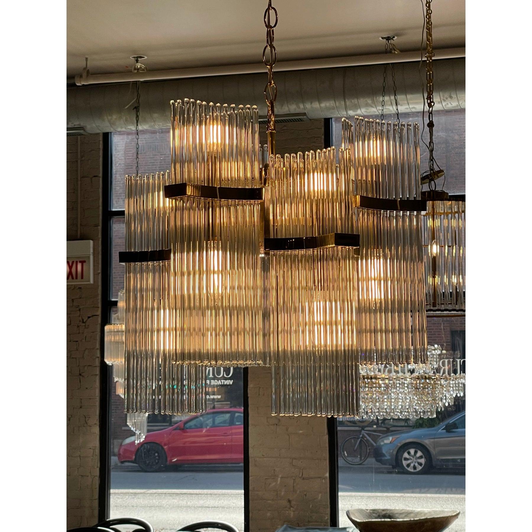 1970s Italian Vintage Gaetano Sciolari Glass Rod and Brass Chandelier In Good Condition For Sale In Chicago, IL
