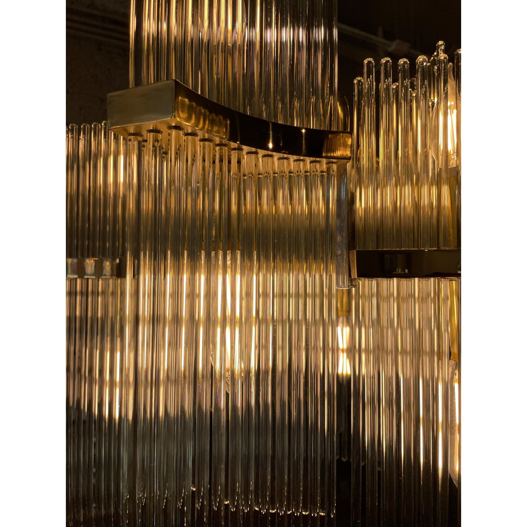 Late 20th Century 1970s Italian Vintage Gaetano Sciolari Glass Rod and Brass Chandelier For Sale