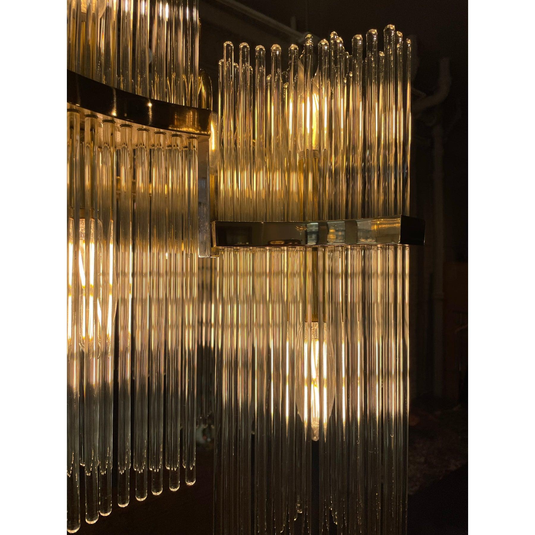 1970s Italian Vintage Gaetano Sciolari Glass Rod and Brass Chandelier For Sale 2