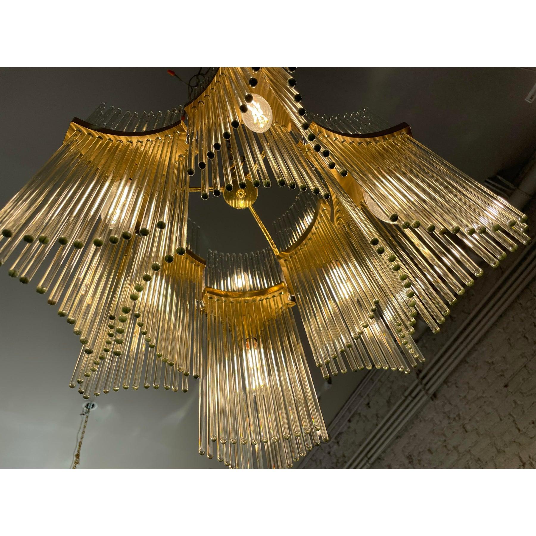1970s Italian Vintage Gaetano Sciolari Glass Rod and Brass Chandelier For Sale 3