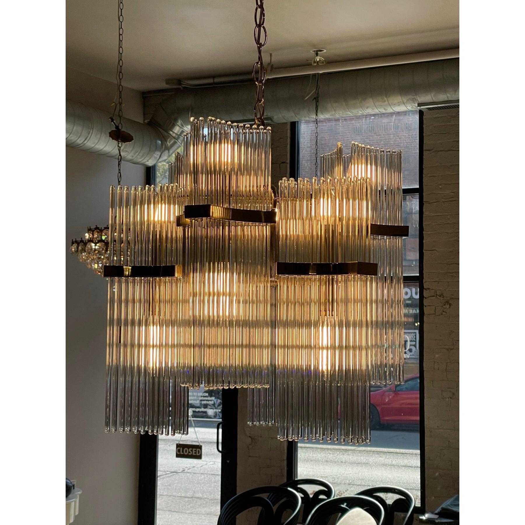 1970s Italian Vintage Gaetano Sciolari Glass Rod and Brass Chandelier For Sale 4