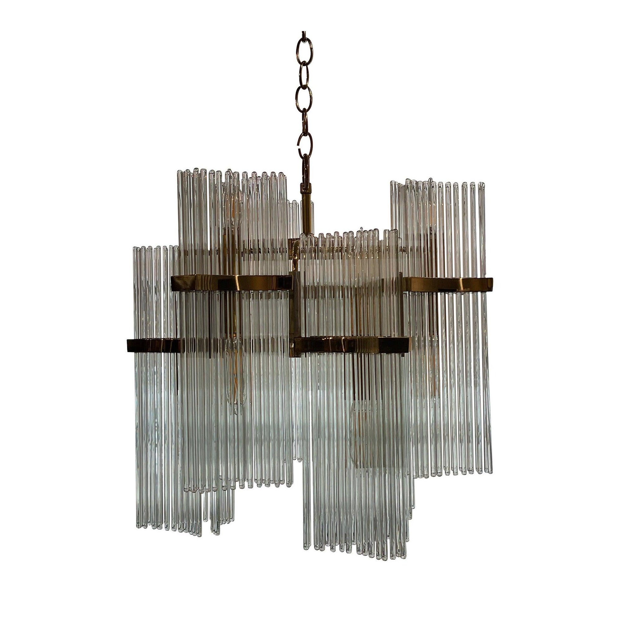 1970s Italian Vintage Gaetano Sciolari Glass Rod and Brass Chandelier