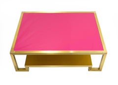 1970s Italian Vintage Rectangular Fuchsia Brass Coffee Table with Under Shelf