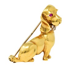 1970's Italian Vintage Ruby Diamond Dachshund Dog Brooch