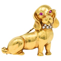 1970's Italian Vintage Ruby Diamond Dachshund Dog Brooch