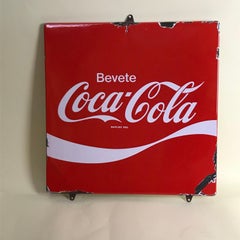 1970s Italian Vintage Squared Metal Enamel Bevete Coca-Cola Sign Drink Coca-Cola