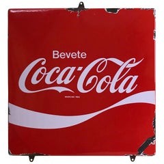 1970s Italian Vintage Squared Metal Enamel Bevete Coca-Cola Sign Drink Coca-Cola