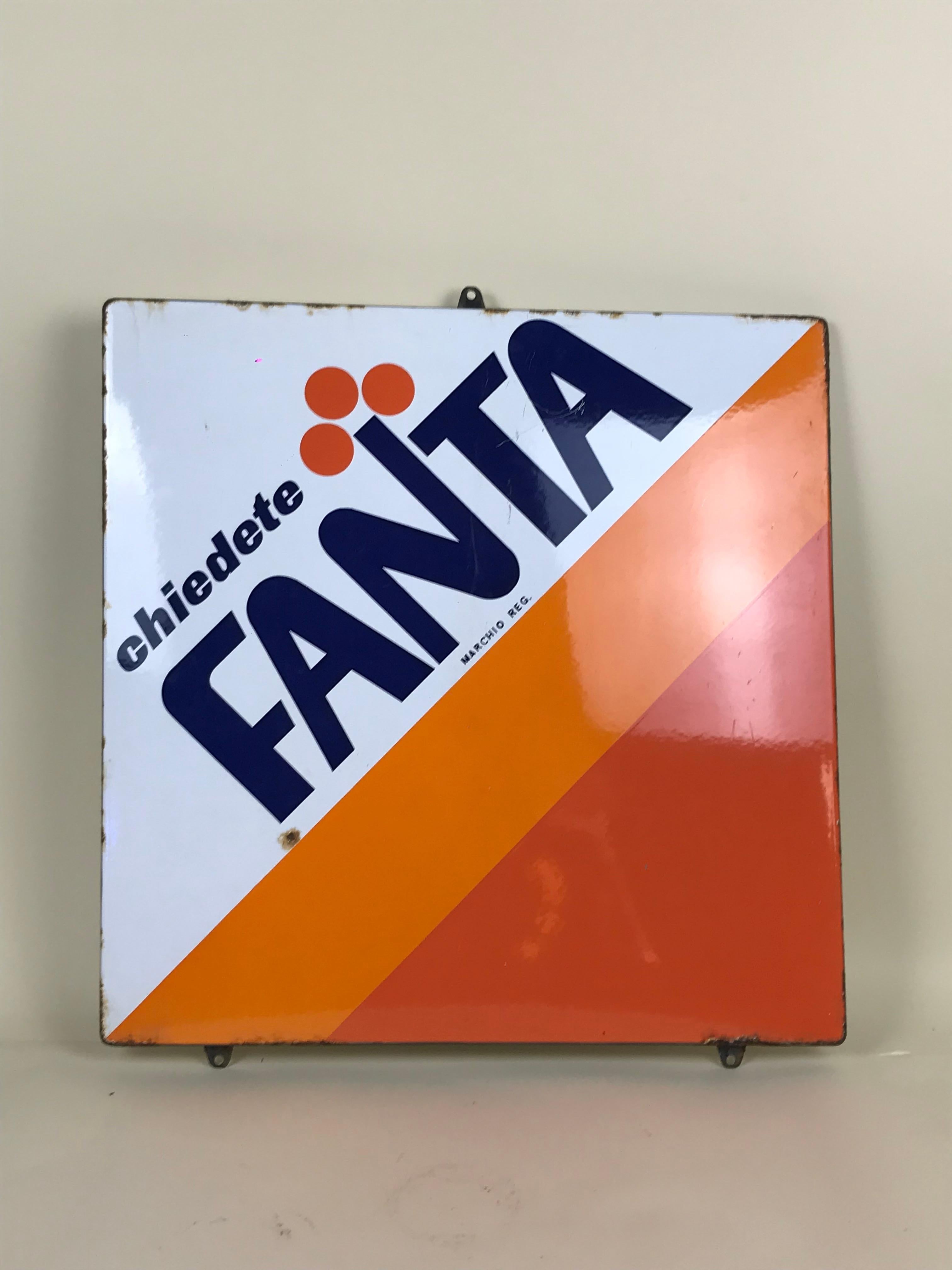 Vintage squared metal enamel Fanta sign produced in Italy. 
Black 
