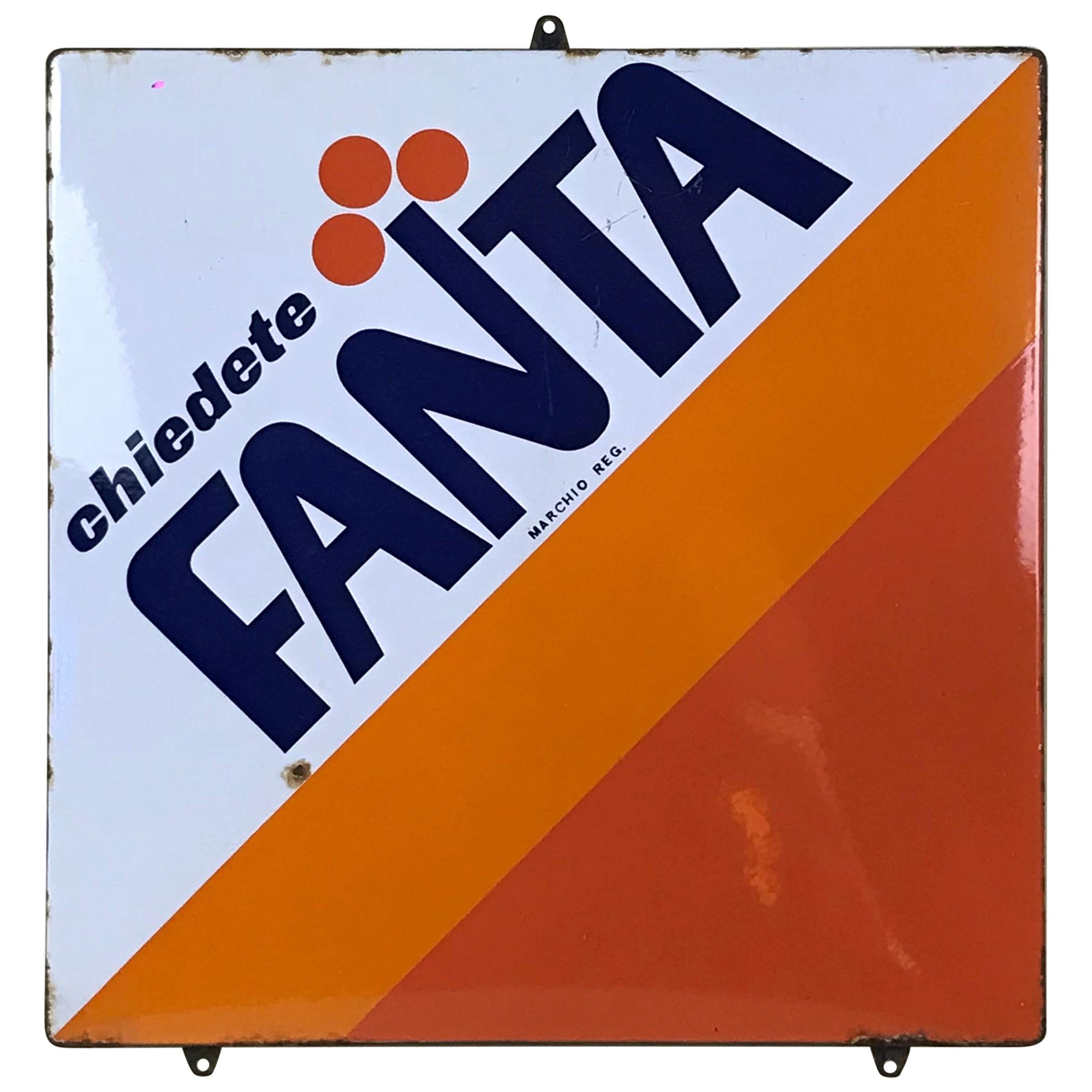 1970s Italian Vintage Squared Metal Enamel Fanta Sign by Coca Cola Company For Sale