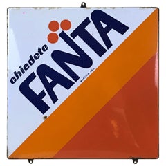 1970s Italian Vintage Squared Metal Enamel Fanta Sign by Coca Cola Company