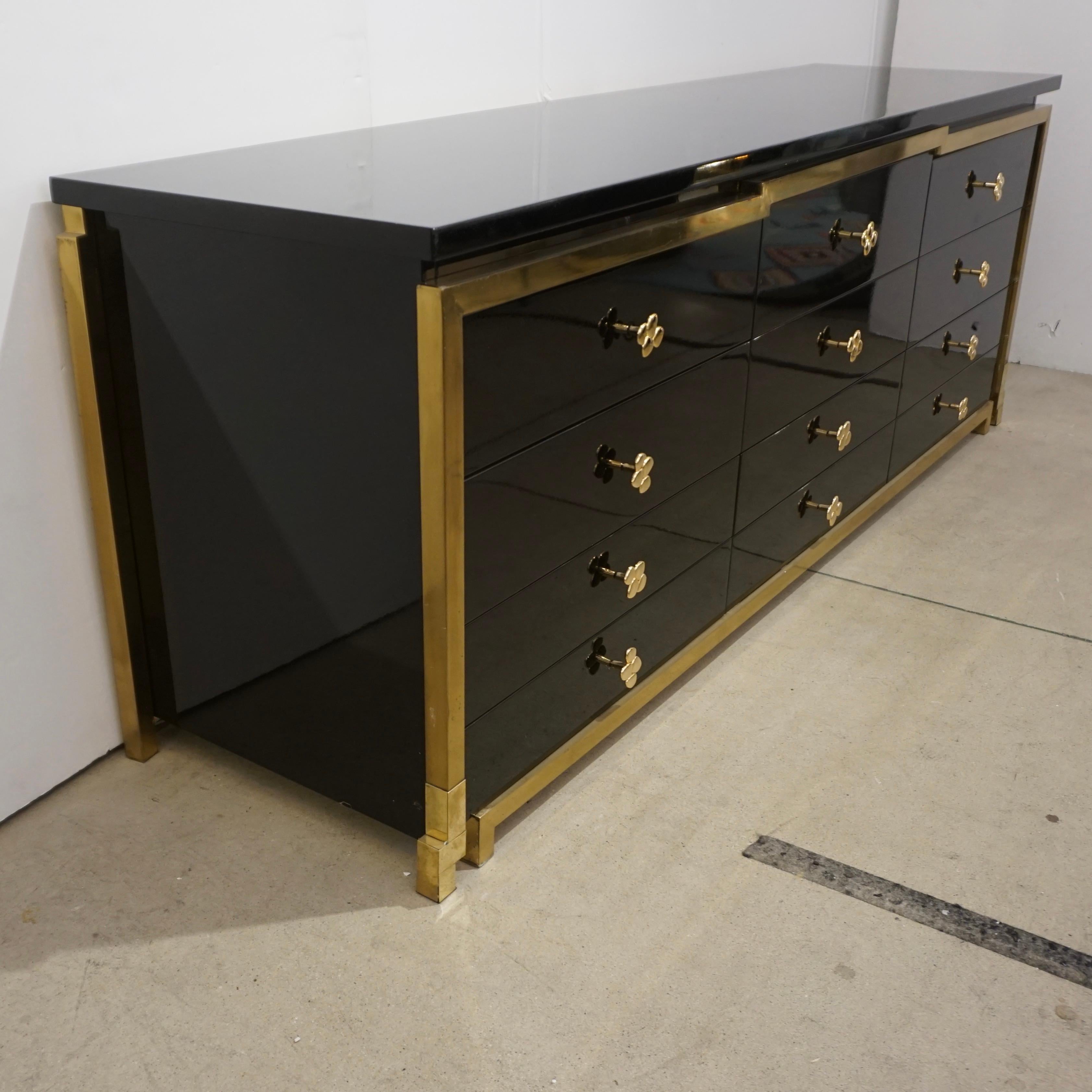 1970s Italian Vintage Studio A Brass & Black Lacquer 12-Drawer Dresser/Sideboard For Sale 4