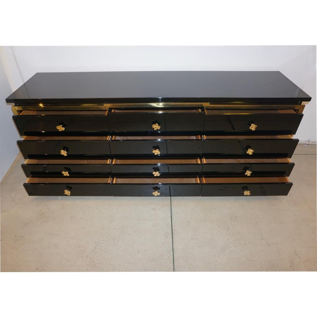 Hand-Crafted 1970s Italian Vintage Studio A Brass & Black Lacquer 12-Drawer Dresser/Sideboard For Sale