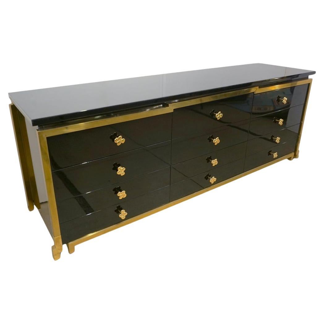 1970s Italian Vintage Studio A Brass & Black Lacquer 12-Drawer Dresser/Sideboard For Sale