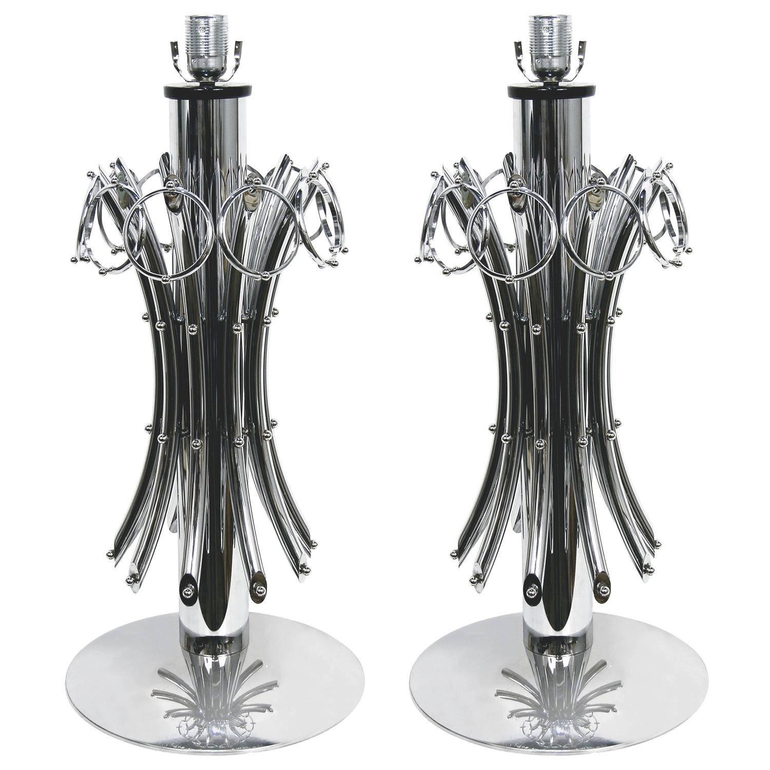 1970s Italian Vintage Tall Pair of Organic Nickel Table Lamps with Pendant Rings For Sale 5