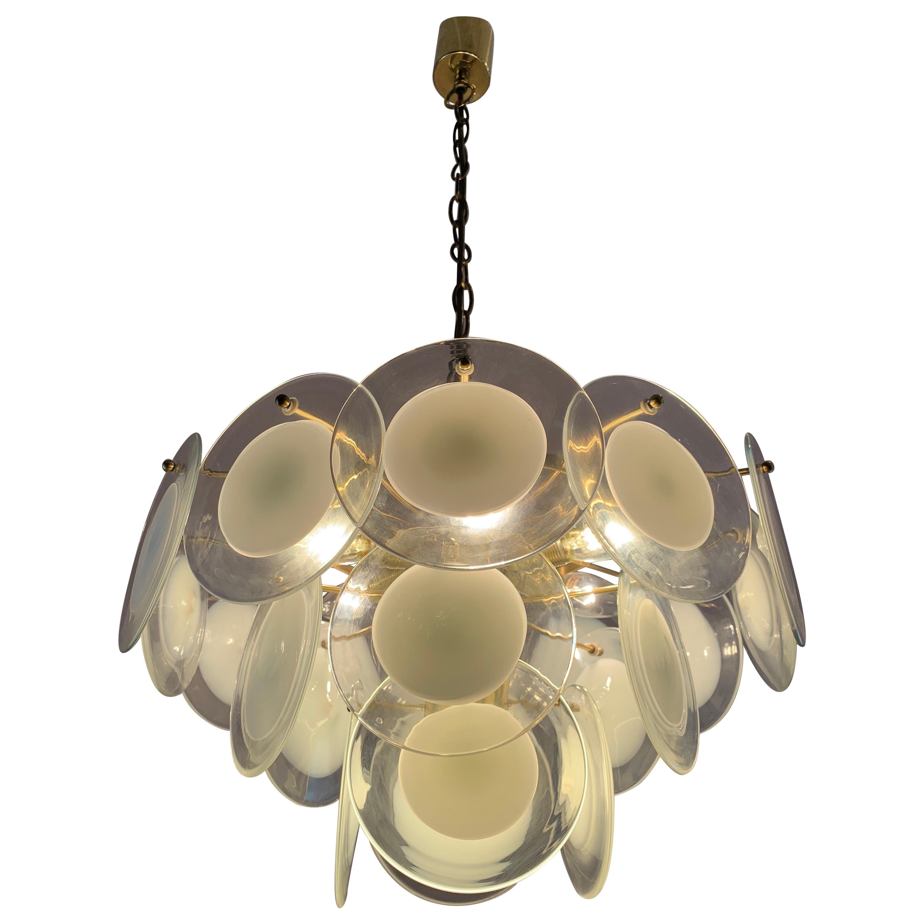 1970s Italian Vistosi Style Hanging Hand Blown Glass Disc and Brass Chandelier