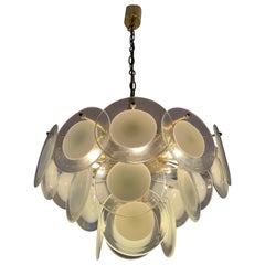 hanging glass discs 1970s Italian Vistosi Style Hanging Hand Blown Glass Disc and Brass Chandelier
