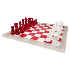 1970s Italian Volterra Alabaster Chess Set – Rare in Red & White. Made in Italy