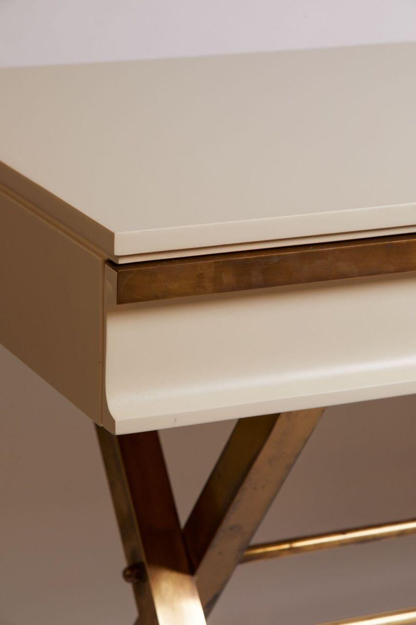 Late 20th Century 1970s Italian White Lacquer and Brass 3-Drawer Desk