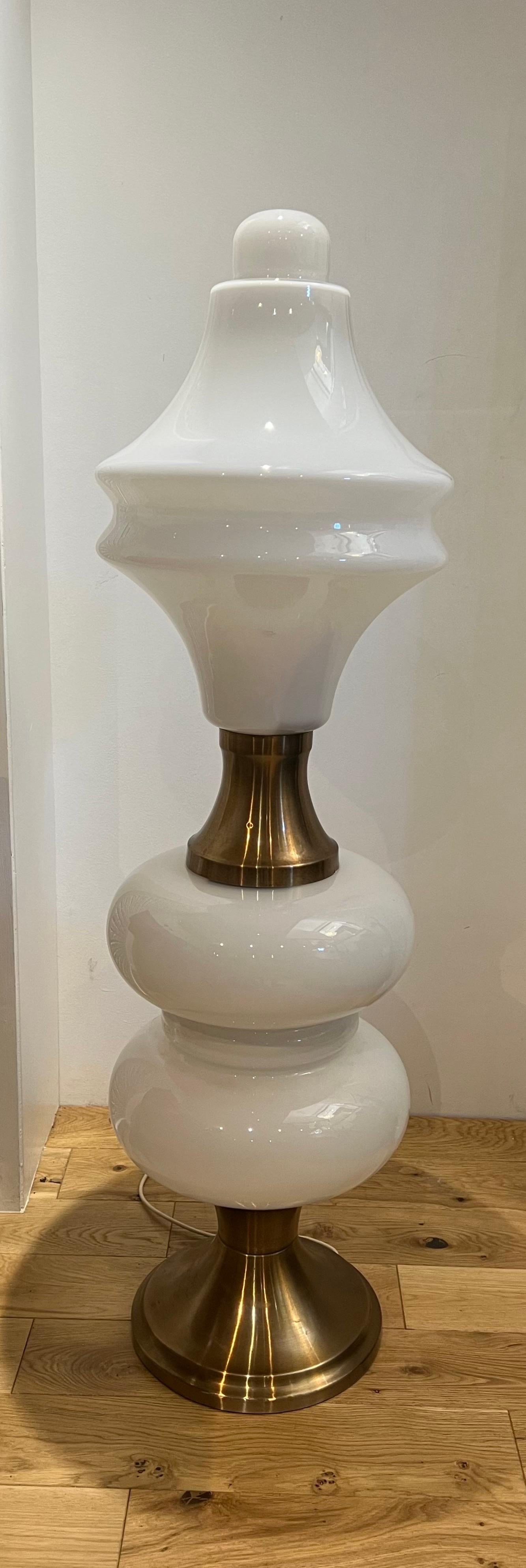 Hand-Crafted 1970s, Italian White Opaline Murano Glass & Brass Floor Lamp
