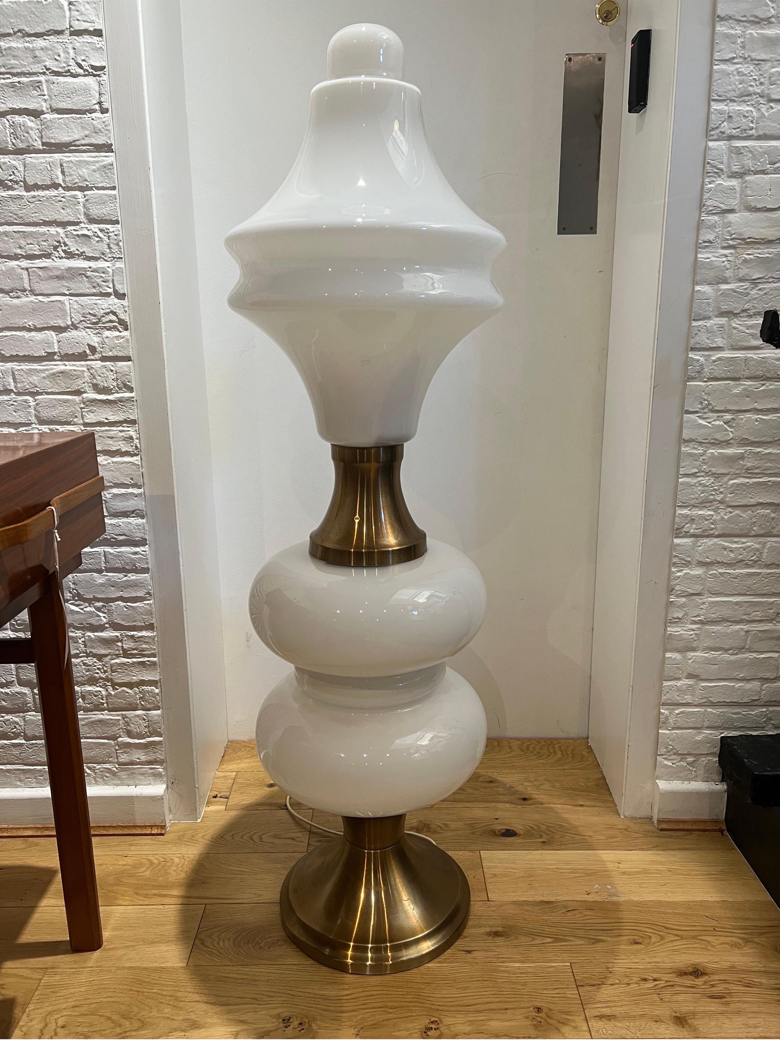 20th Century 1970s, Italian White Opaline Murano Glass & Brass Floor Lamp