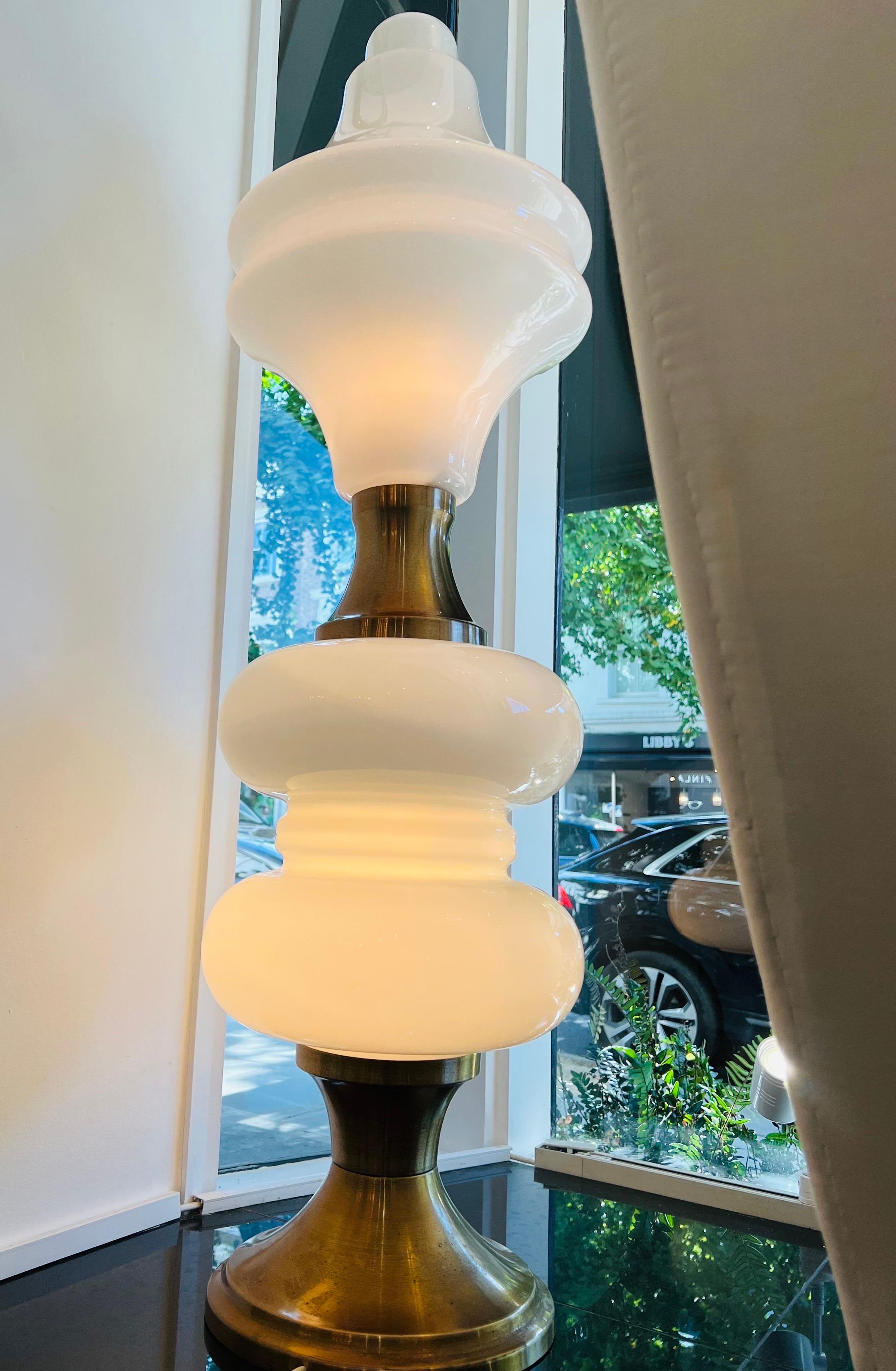 Blown Glass 1970s, Italian White Opaline Murano Glass & Brass Floor Lamp