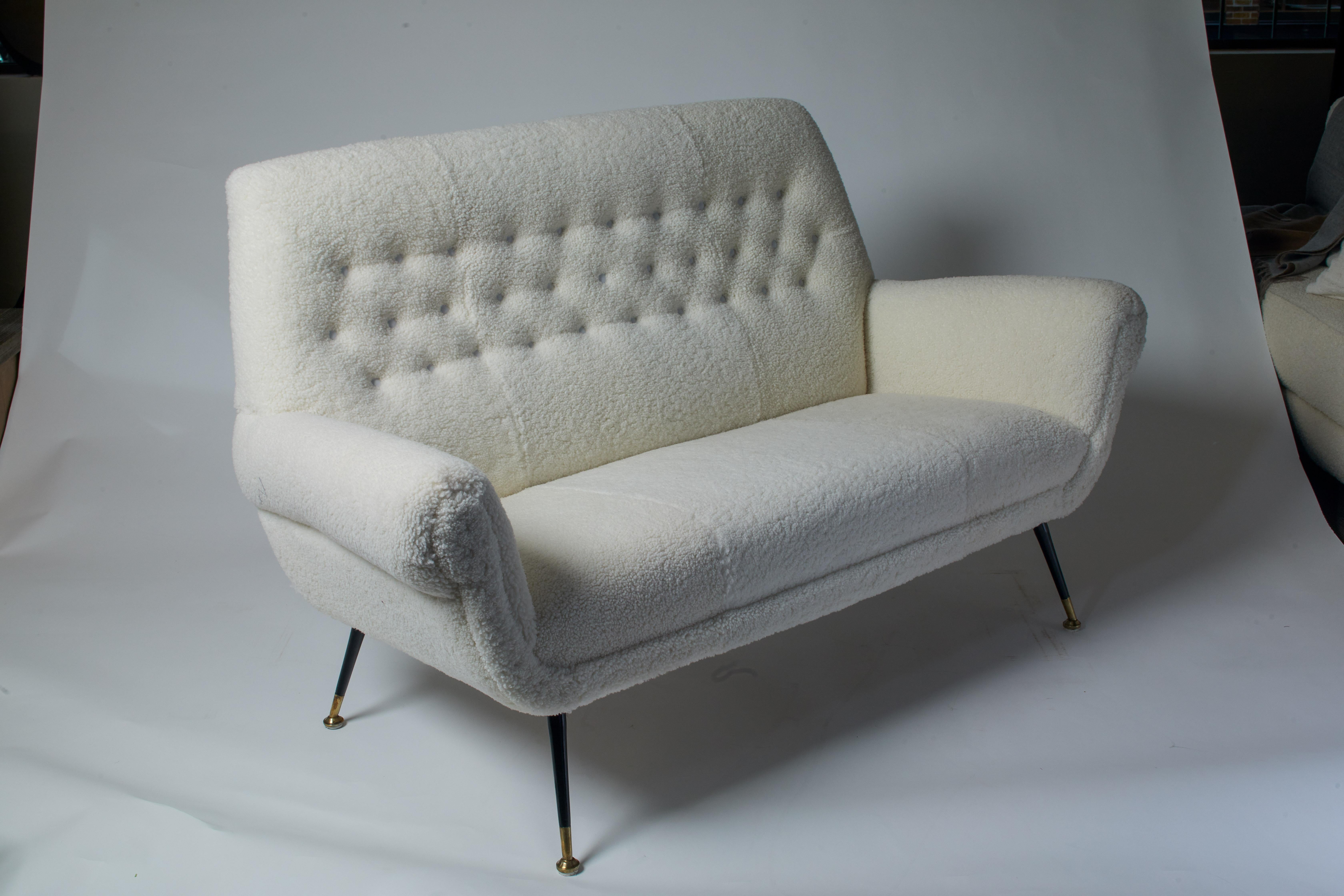 European 1970s Italian White Shearling Settee With Metal Legs