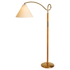 1970s Italian Wicker & Brass Floor Lamp with Movable Arm & Custom Shade