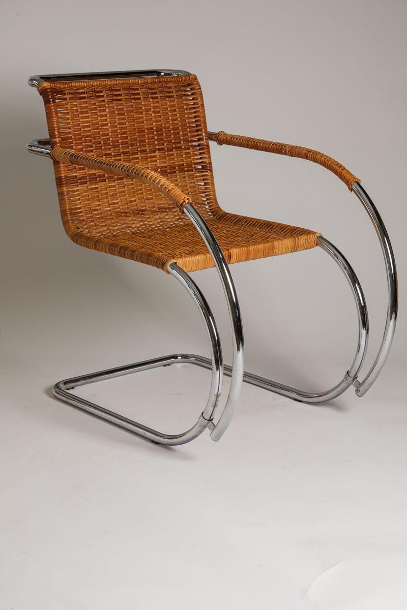 1970s Italian wicker & chrome chair in style of Mies Van der Rohe.