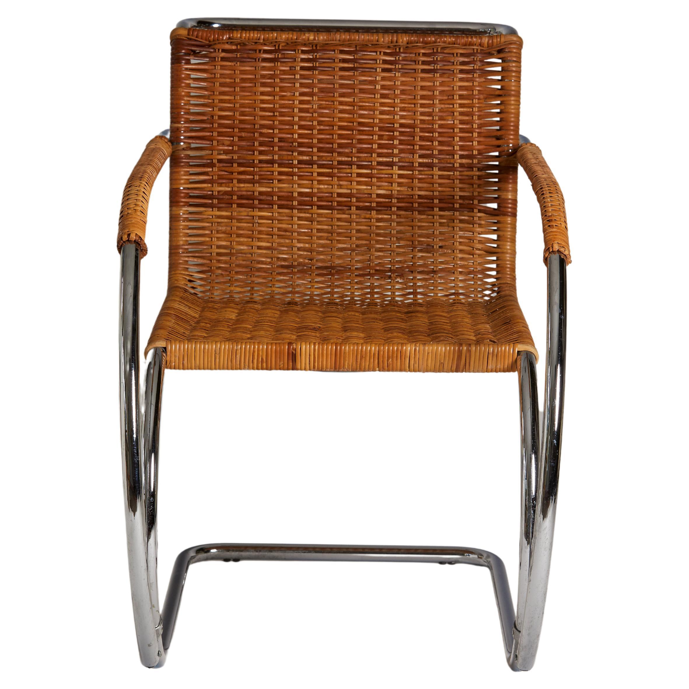 1970s, Italian Wicker & Chrome Chair in Style of Mies Van Der Rohe