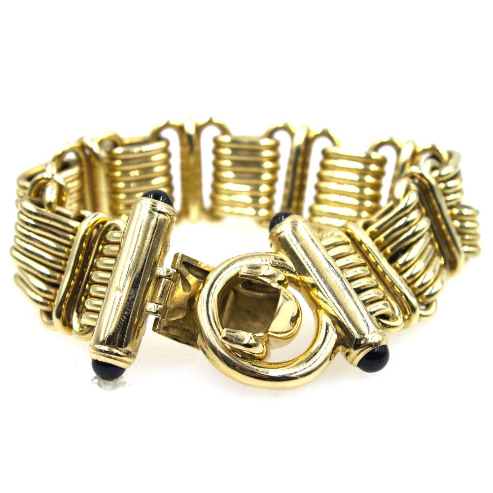 Modern 1970s Italian Wide Link 14 Karat Yellow Gold Bracelet Sapphire Accents
