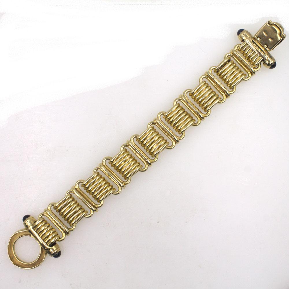 Women's 1970s Italian Wide Link 14 Karat Yellow Gold Bracelet Sapphire Accents